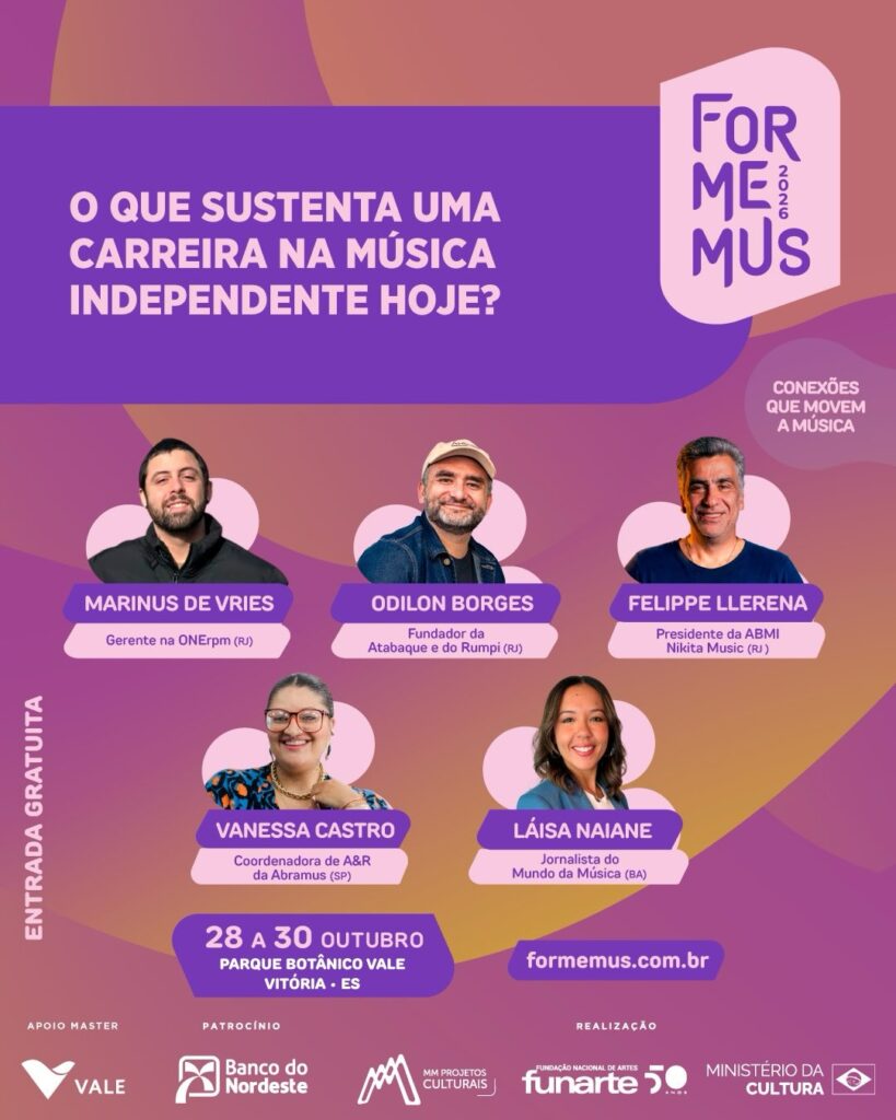 O Formemus, plataforma do desenvolvimento do mercado da música independente, divulgou a programação completa da sua 8ª edição, que acontece de 28 a 30 de outubro no Parque Botânico Vale, em Vitória (ES)